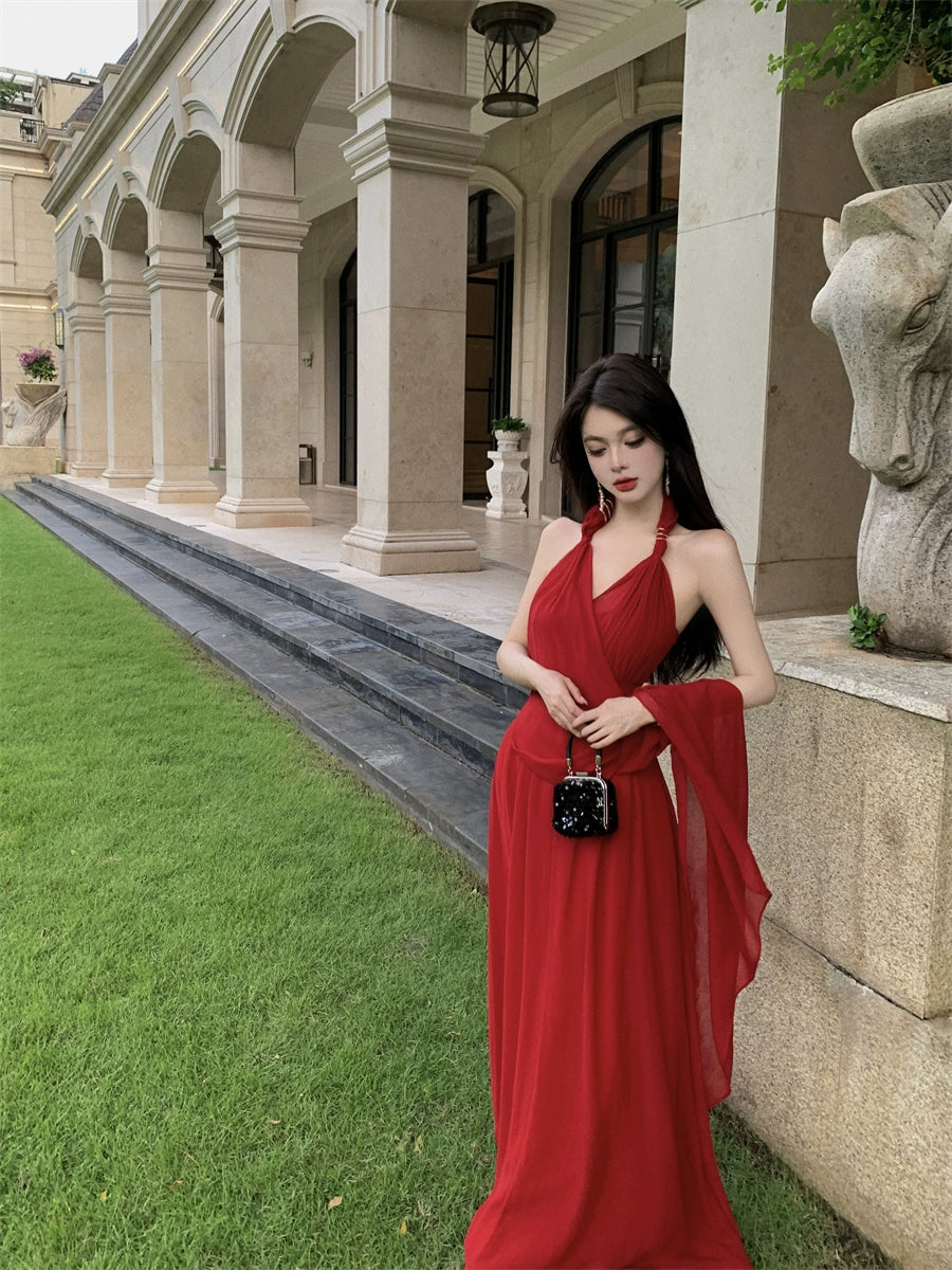 Beautiful Vacation Style Blue Halterneck Chiffon Drape Dress Long Women's Fancy Elegant Mop Long Dress