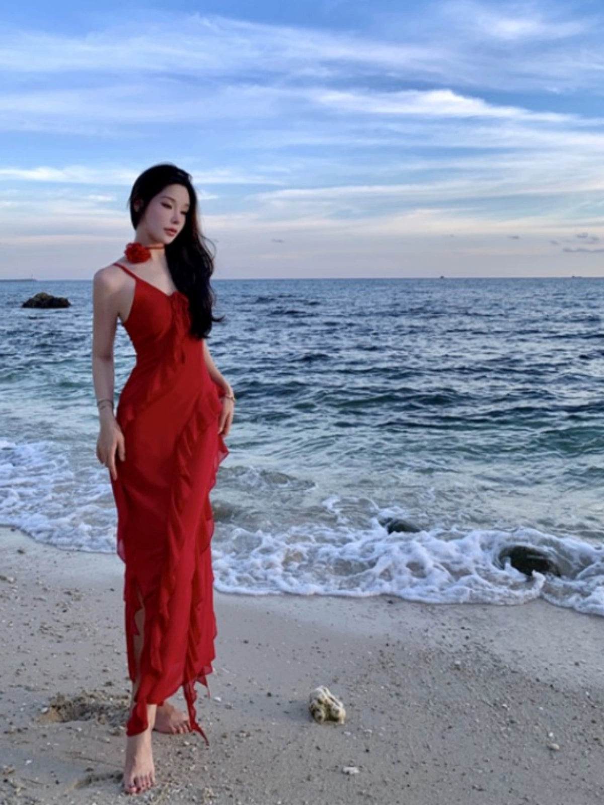 Thailand Sanya Seaside Holiday Beach Skirt Ruffles Irregular Spaghetti-Strap French Style Beautiful Red Chiffon Dress