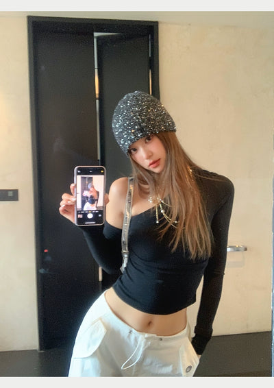 Zhao Lusi Same Style ~ Homemade Bows Sequin Knitted Cold Cap Female Y2g Sexy Wind Show Face Small Toe Cap Pile Heap Cap