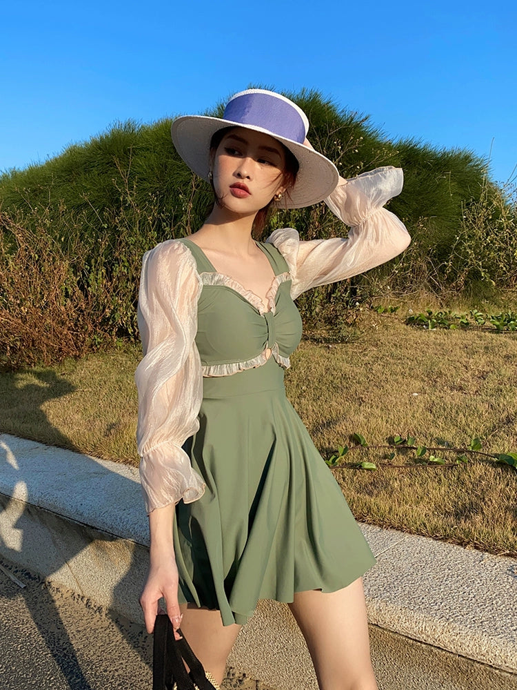 Hot Spring Women's Large Size Slimming Conservative Gathering Long-Sleeved Swimsuit