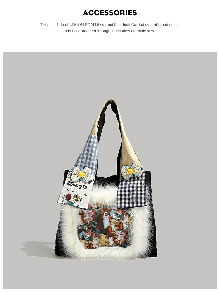 Y2g Cute Funny Stylish Niche Style Patchwork Stuffed Fur Bag College Student Work Clothing Cartoon Canvas Shoulder Bag
