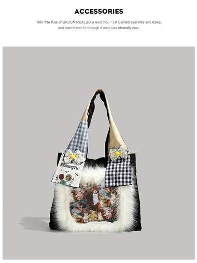 Y2g Cute Funny Stylish Niche Style Patchwork Stuffed Fur Bag College Student Work Clothing Cartoon Canvas Shoulder Bag