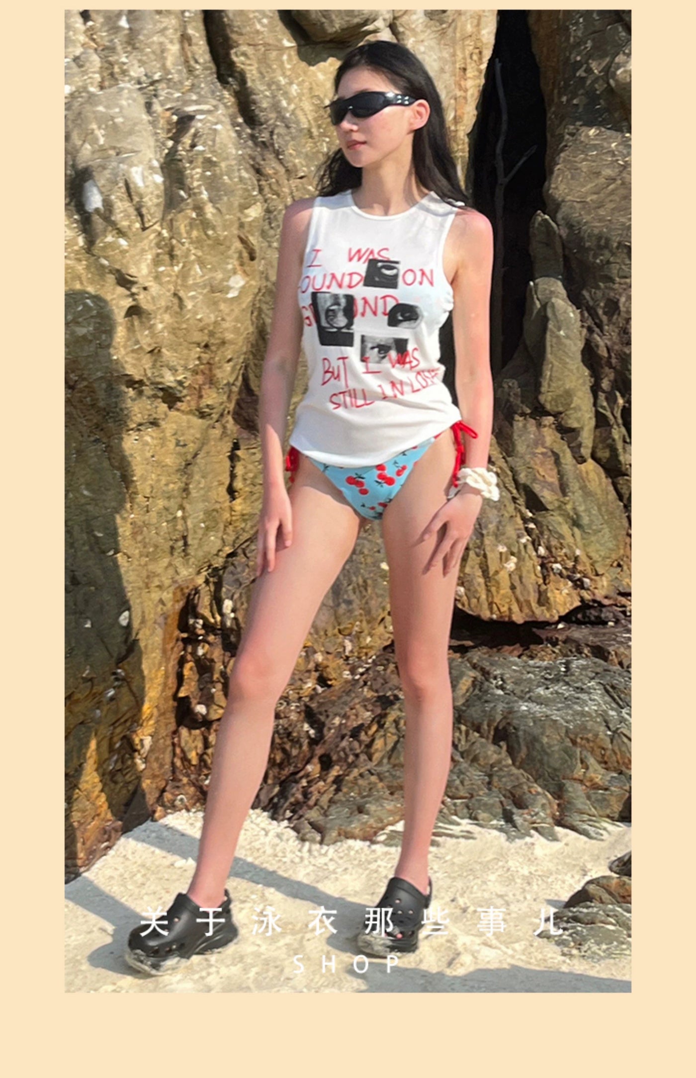 Y2g Young Adult Sweet Cool Sexy Cherry Print Tiffany Blue Bikini Sexy Little Chest Gathered Vacation Swimsuit Women