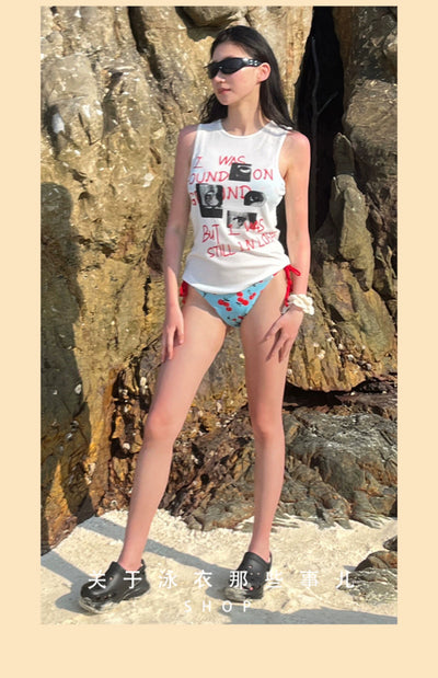 Y2g Young Adult Sweet Cool Sexy Cherry Print Tiffany Blue Bikini Sexy Little Chest Gathered Vacation Swimsuit Women
