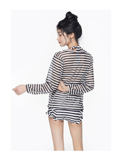 2025 New Arrival Sexy Swimsuit Women's Summer Push up Stripes Siamese Triangle Bikini Long Sleeves Blouse Flab Hiding Vacation