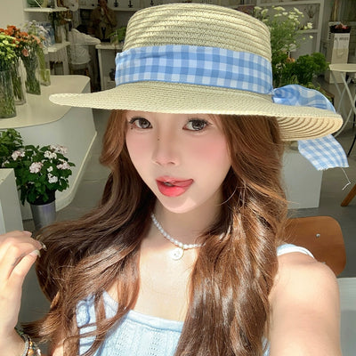 Straw Hat Japanese Style Women's Spring Summer Outing Plaid Bows