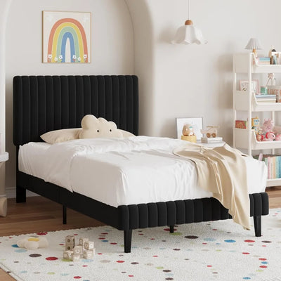 Twin Bed Frame, Velvet Upholstered Platform Bed with Vertical Channel Tufted Headboard and Footboard, No Box Spring Required