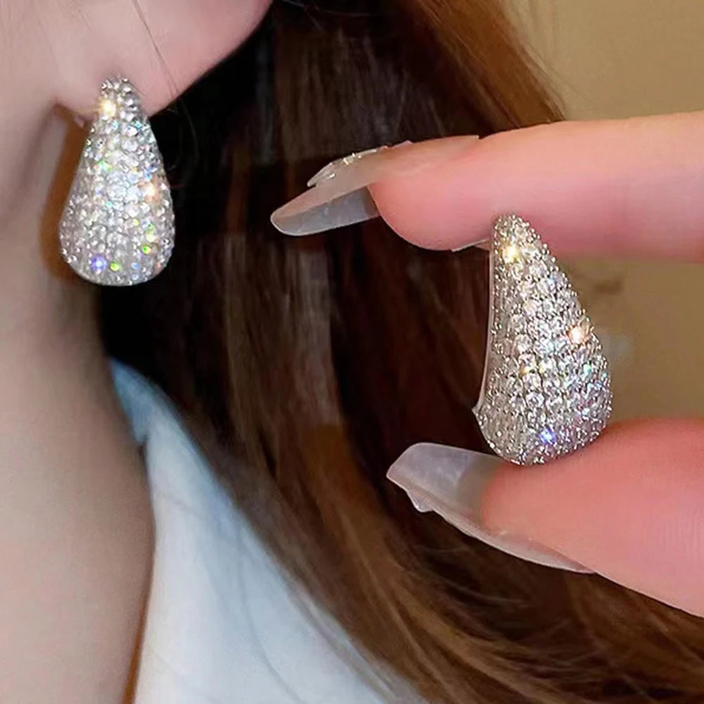 BenS CZ style Chunky Dome Drop Earrings for Women water drop small hoop earrings Brass cubic zirconia stud earring wholesale E55