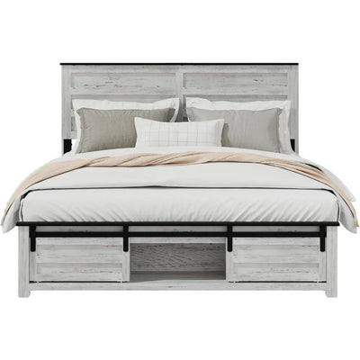 Wooden Queen Size Bed Frame with Headboard, Boho White Farmhouse Storage Bedframe with Sliding Barn Door Footboard and Charging