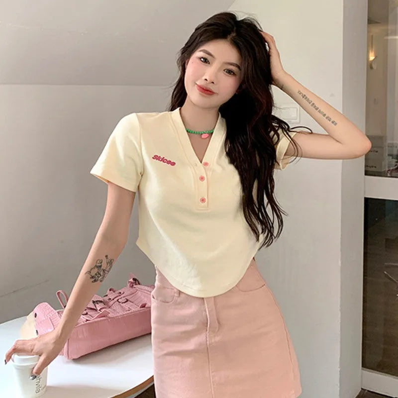 Women's Slim Short-sleeved T-shirt Sexy Pure Desire Wind Spice Girls V-neck Tops Cotton Summer Slim Chic Short Comfortable Top
