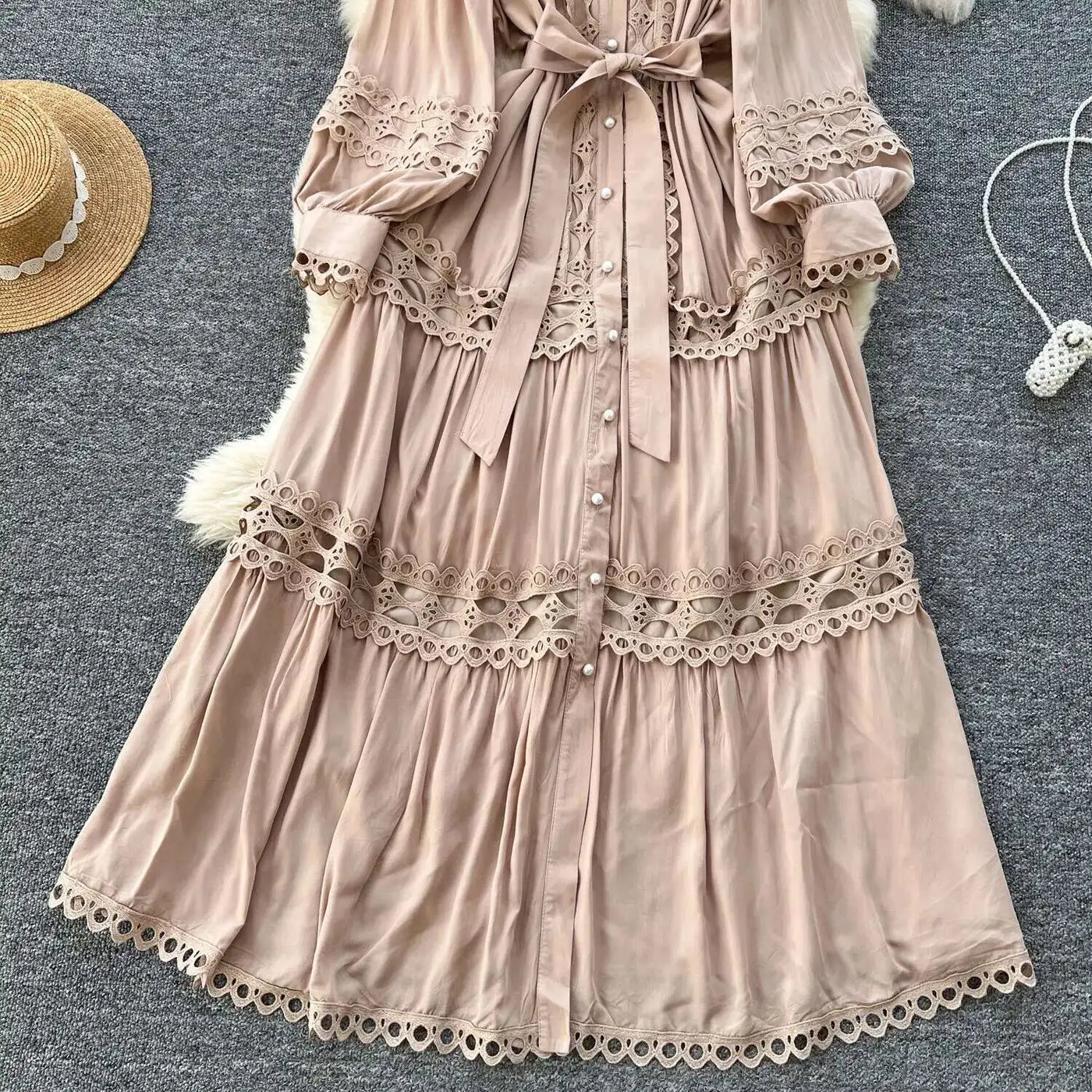 Elegant Long Maxi Hollow Out Dress Shirt Women Summer Autumn Palace Retro Pearl Button Embroidery Crochet Evening Party Vestidos