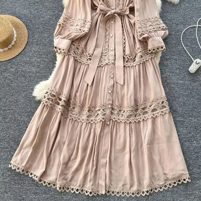 Elegant Long Maxi Hollow Out Dress Shirt Women Summer Autumn Palace Retro Pearl Button Embroidery Crochet Evening Party Vestidos