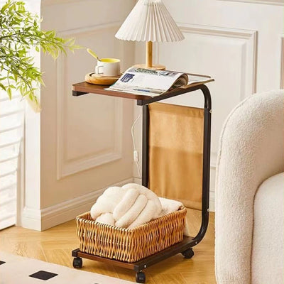Coffee Table With 360° Wheels C-Shape End Table Sofa Side Table Portable With Cork Finish for RV Home Office Living Room Bedroom