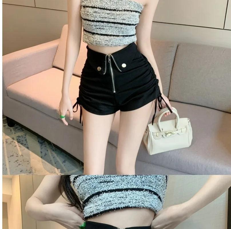 Women's High Waist White Shorts  Summer Spice Girls Drawstring A-line Short Hot Pants  Trendy Lace Up Zip Up Button Down Shorts