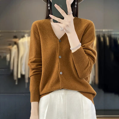 Spring Autumn Women 100% Merino Wool Cardigan Soft V-Neck Cashmere Sweater Buttoned Knitwear Casual Clothing Korean Style Shirt