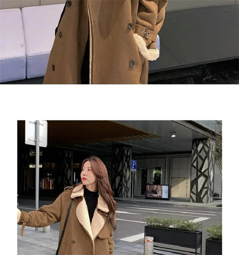 2024 Autumn Winter New Medium Long Double-breasted Lambswool Suede Woolen Coat Women Add Velvet Padded Warm Fur One Woolen Coats