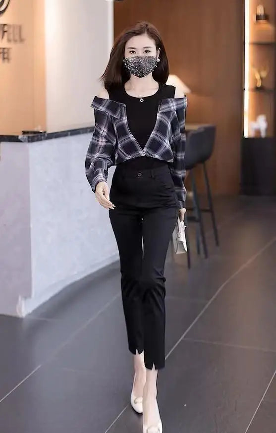 Fake Two Pieces Chiffon Silk Blouse for Women Off Shoulder Top Cool Blue Stripe Cotton Satin Shirt Woman Particular Trends Youth