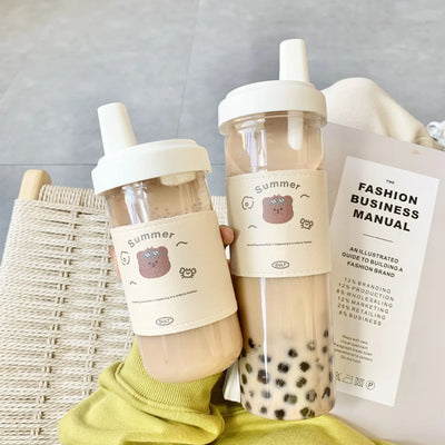 500ml 850ml Large Capacity Cartoon Bear Water Bottle Plastic Drinking Cups Juice Milk Tea Coffee Straw Cups for Students