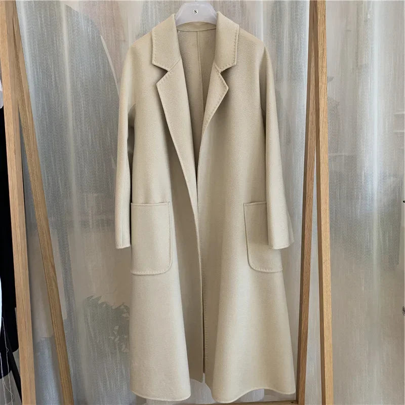 2024 Winter Jacket Women Water Wave Pattern Cashmere Coat Long High-end Double-sided Wool Blends Luxury Outerwear Streetwear