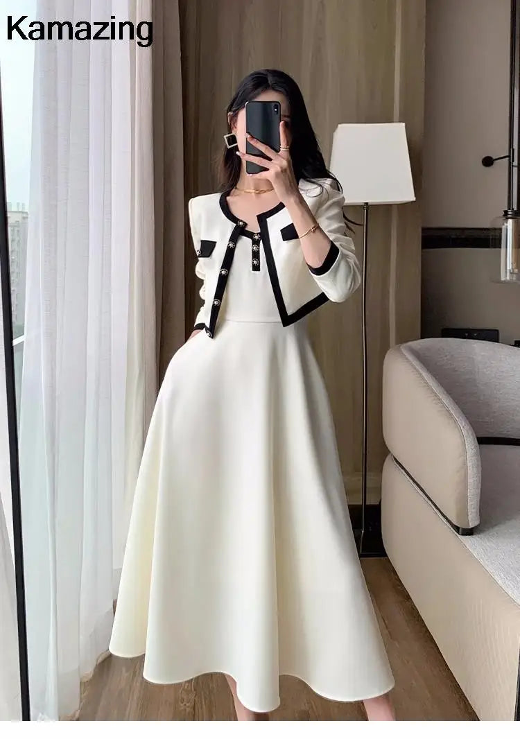 Elegant Solid Midi Dress 2 Piece Set Office Lady Chic Suit Spring Short Jacket Sleveless A-line Dresses Outfits Korean Clothes