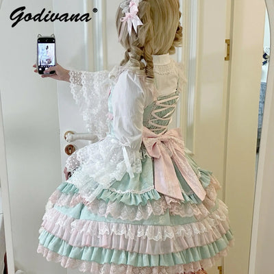 Original Lolita Dress Set Doll Feeling Girl Women's Sweet Jsk Suspender Dress Princess Fairy Lace Bow Sling Cake Dresses