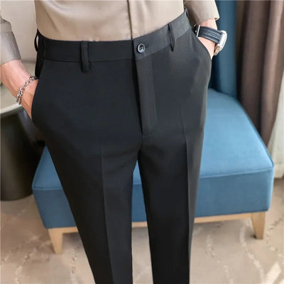 High End Elastic Waistband Suit Pants for Men Embroidered Business Casual Pants Solid Colror Versatile Social Office Trousers