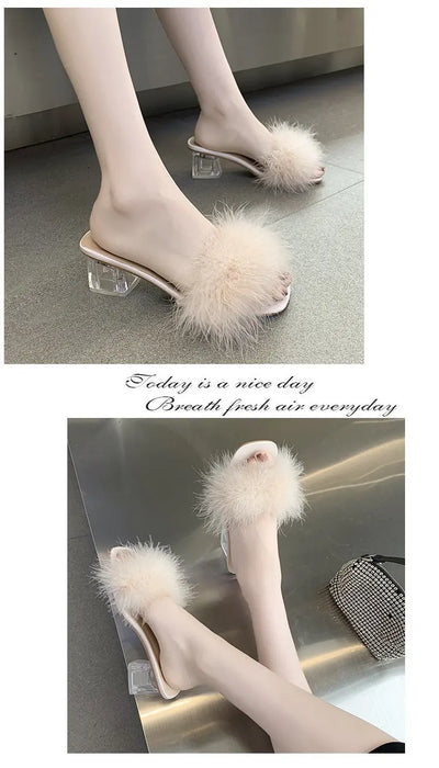 Mules Sandal Women Summer Outdoor Fashion Slippers Square Toe High Heels Office Ladies Feather Slides Chic Classics Furry Shoes