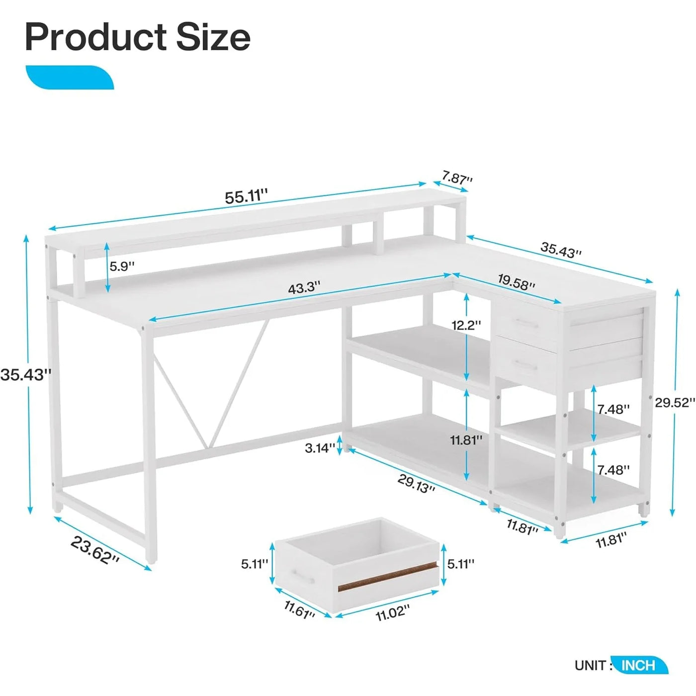 L Shaped Desk with Drawers and Storage Shelves, Home Office L Corner Desk with Monitor Stand, 55" x 24" Desktop Computer Desk