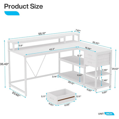 L Shaped Desk with Drawers and Storage Shelves, Home Office L Corner Desk with Monitor Stand, 55" x 24" Desktop Computer Desk