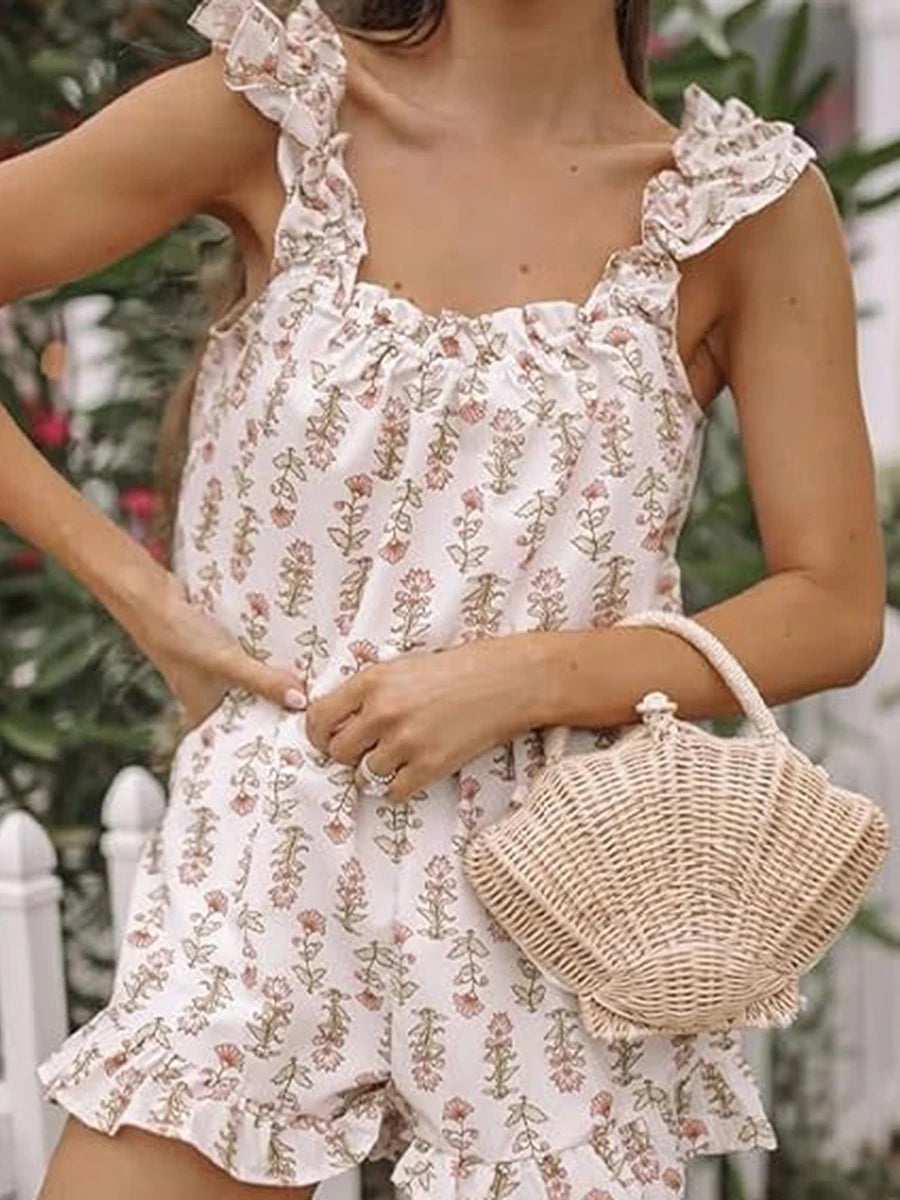 2-Piece Outfits Women Floral Print Summer Set Square Neck Flutter Sleeve Loose Tank Tops Ruffled Shorts