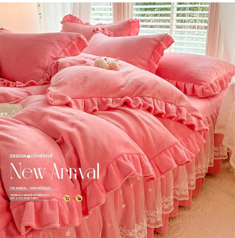 2024 hot solid color Korean version lace bed skirt kit flannel quilt cover thickened warm four-piece set