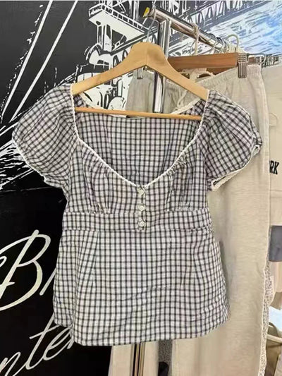 Lace Three-button Plaid Puff Sleeve Short Sleeve T-shirt Women's Summer Sweet Preppy Style Slim Shirt V-neck Short Tops Y2k