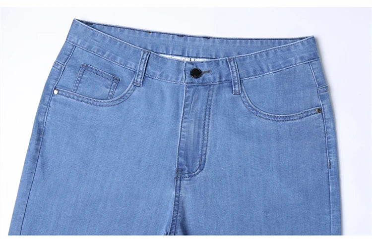 Spring/summer Thin Denim Straight Cotton Stretch Jeans Men Business Casual Cloth High Waist Ice Silk Lightweight Trousers