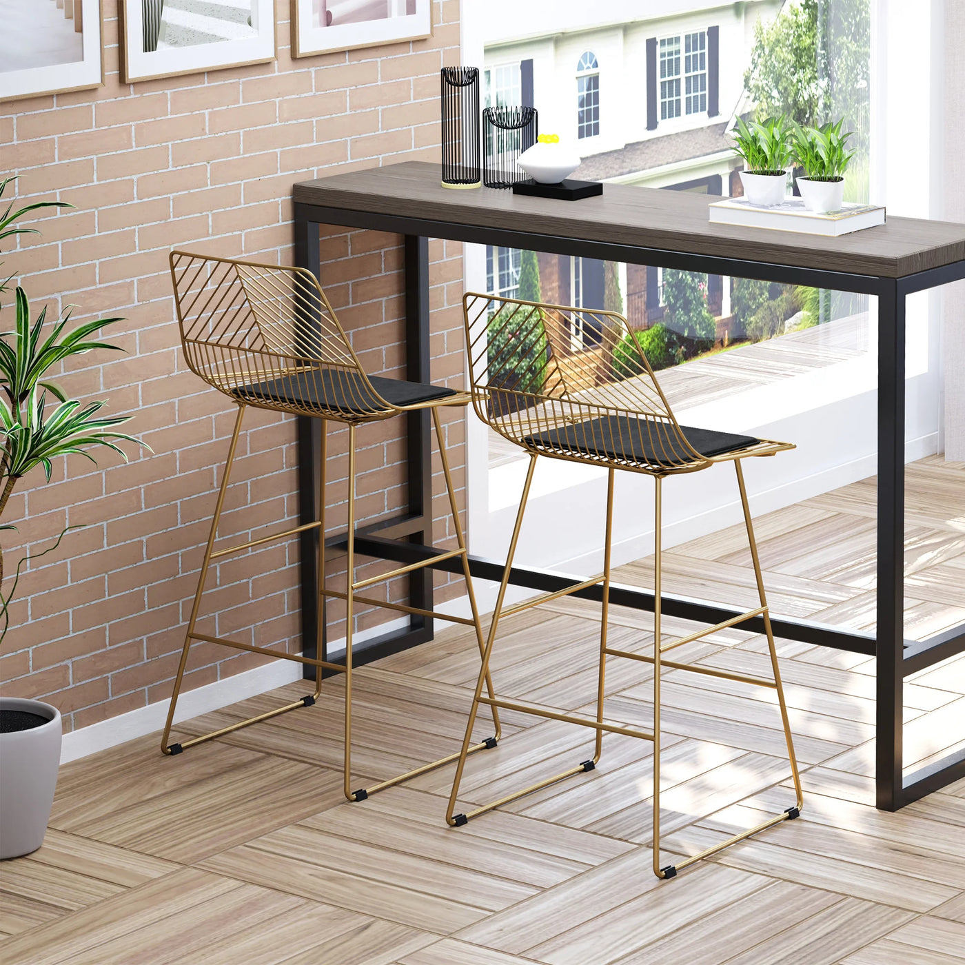 Modern Counter Height Bar Stools Set of 2 pcs Wire Metal Barstools