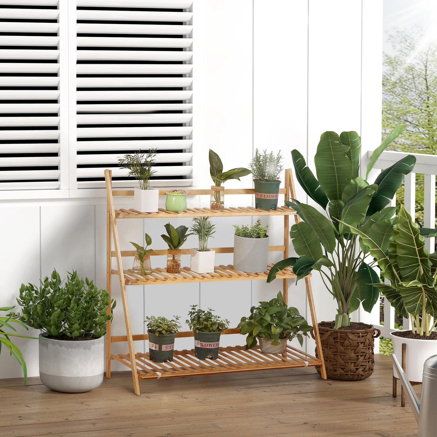 3-Tier Folding Bamboo Plant Shelf 100X39X97 cm