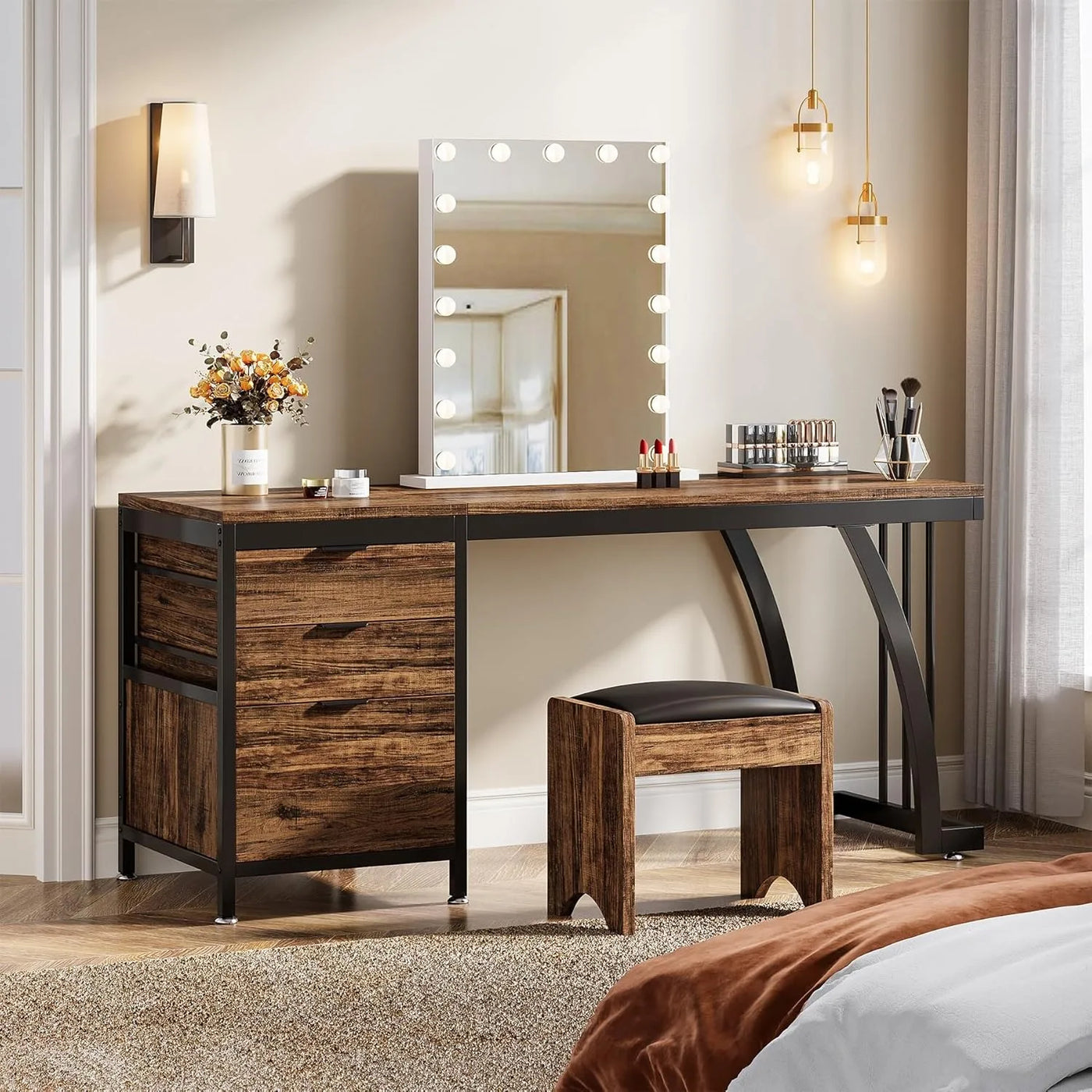 Vanity Desk with 3 Drawers, 59-Inch Large Dressing Table with Reversible Drawers, Chic Makeup Desk(Rustic Brown) (Only Desk)