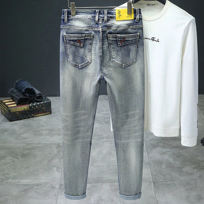 Retro Men's Jeans Slim Elastic Spliced zipper Skinny Pencil Trousers Harajuku Hip-hop Rock Motorcycle Denim Pants Streetwear