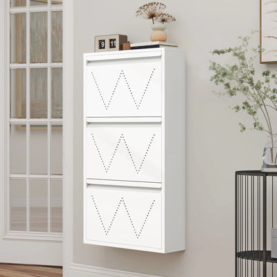 Thin 3-Drawer Shoe Cabinet - Space-Saving Steel Design with Ventilation for Entryway/Hallway