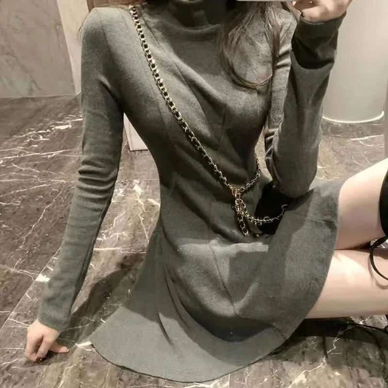 Xpqbb Women Elegant Waist-Tight Mini Dress 2025 Autumn Winter Long Sleeve Slim Dresses Woman Korean Fashion Party Pleated Dress