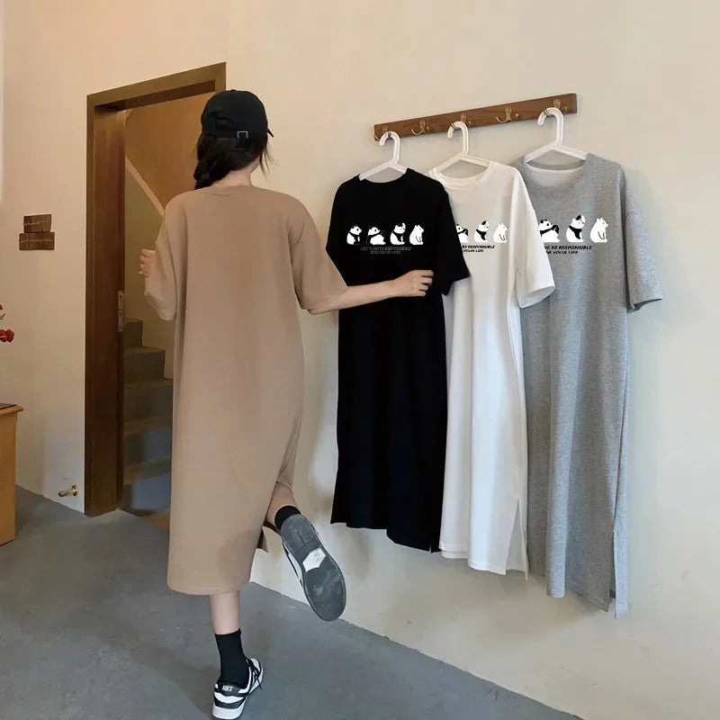 Childlike and cute four panda print short-sleeved dress for women summer and autumn new oversized loose round neck home dress