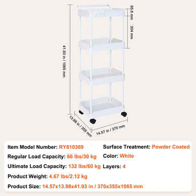 3-Tier Rolling Utility Cart Kitchen Cart with Lockable Wheels Multi-Functional Storage Trolley with Handle Movable
