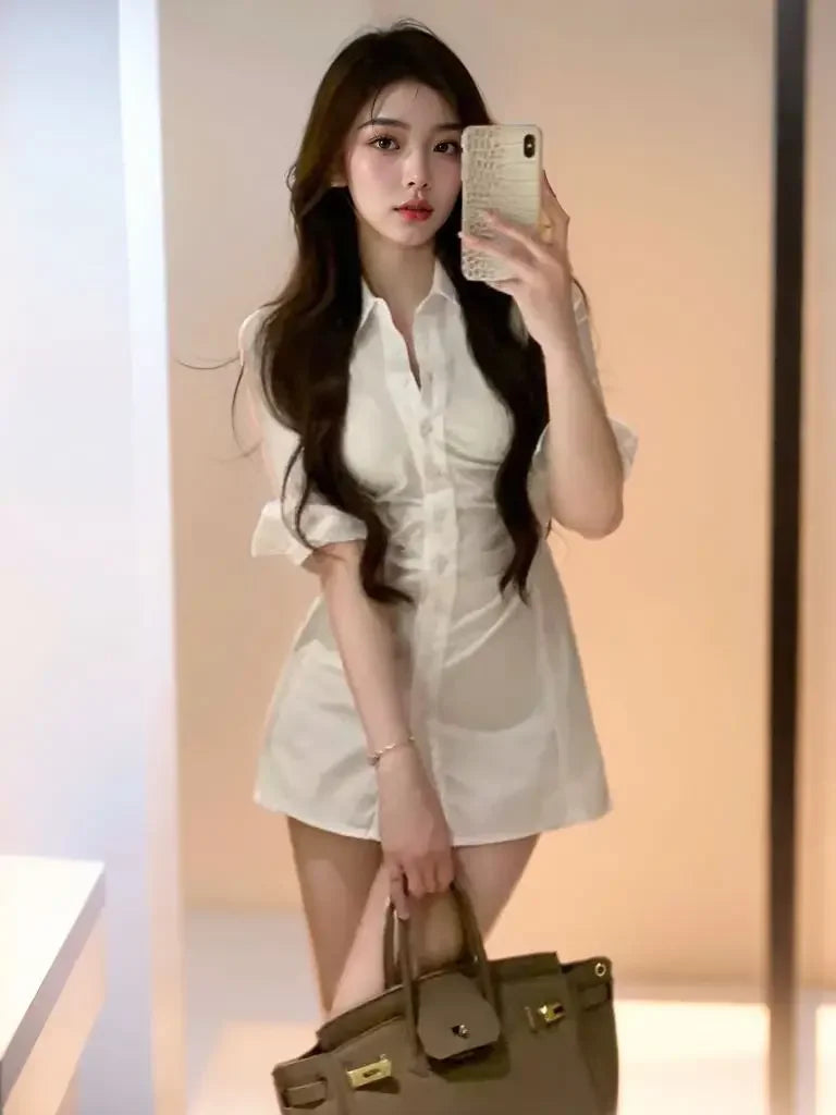 Korean Style Sexy Shirt Dress Women's Waist-Cinching Mini Dress Polo Collar Pleated Design Empire Waistline Fashionable Gown