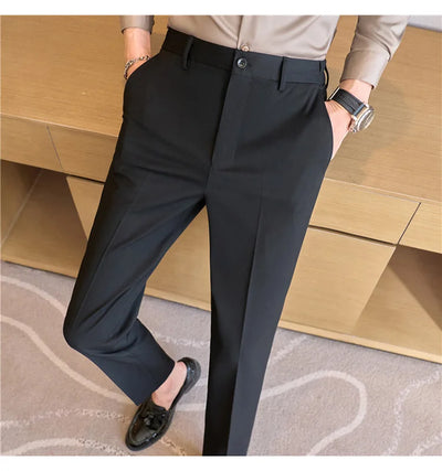 High End Elastic Waistband Suit Pants for Men Embroidered Business Casual Pants Solid Colror Versatile Social Office Trousers