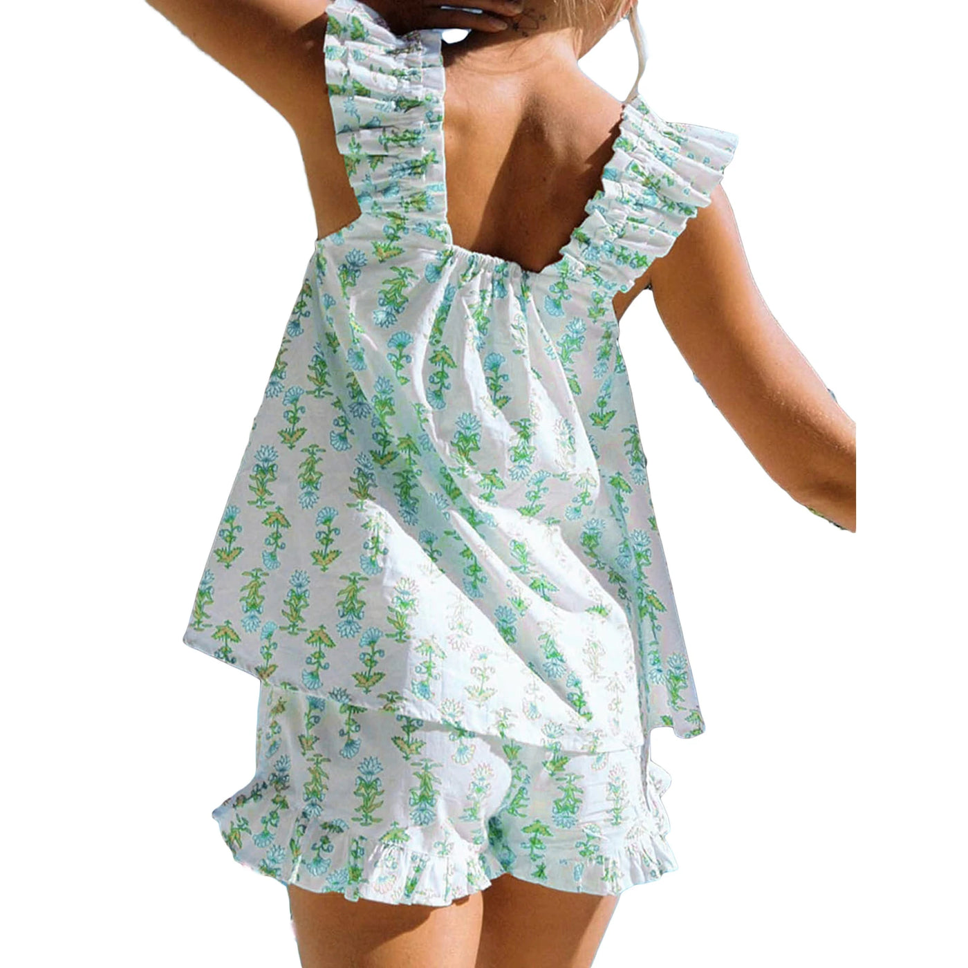 2-Piece Outfits Women Floral Print Summer Set Square Neck Flutter Sleeve Loose Tank Tops Ruffled Shorts