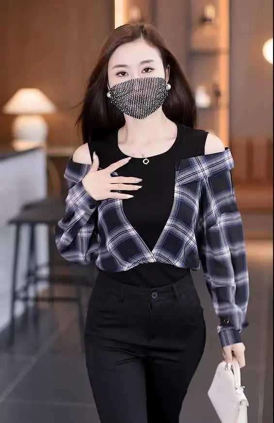 Fake Two Pieces Chiffon Silk Blouse for Women Off Shoulder Top Cool Blue Stripe Cotton Satin Shirt Woman Particular Trends Youth