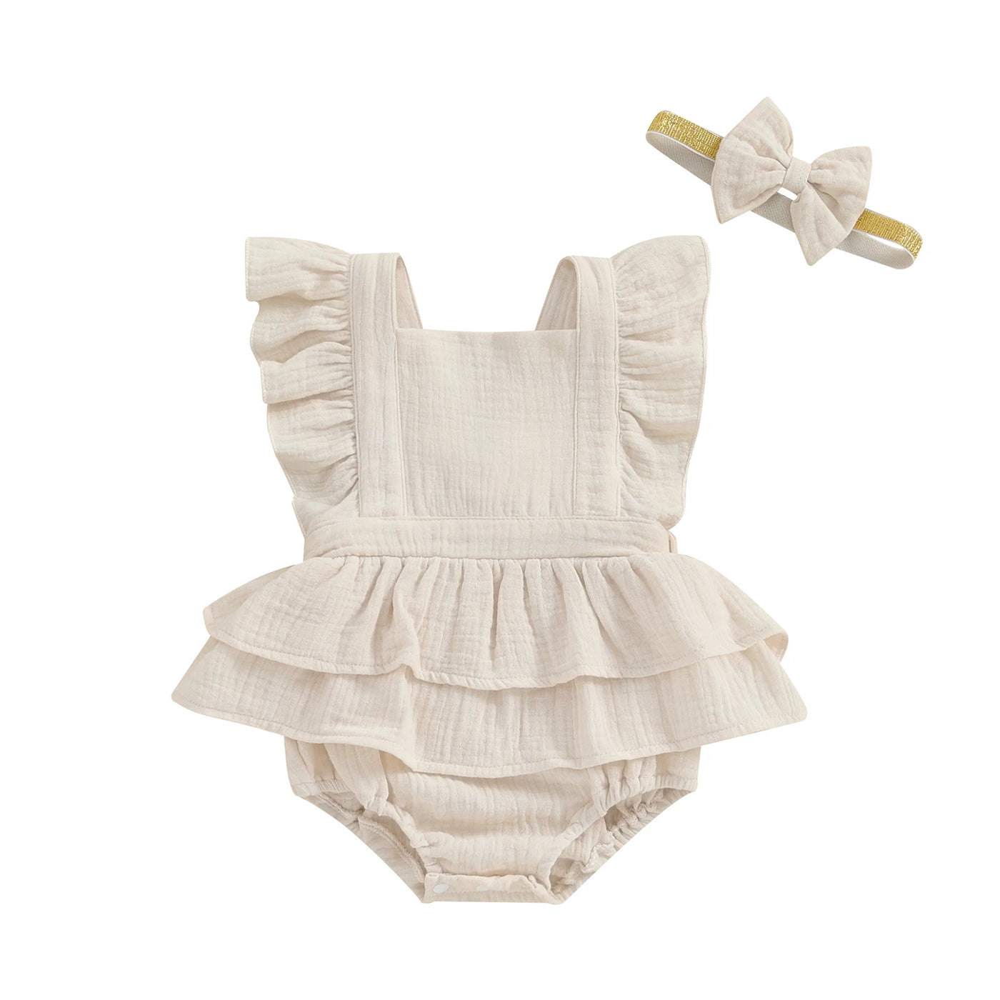 Citgeett Summer Infant Baby Girls Bodysuit Dress Solid Color Fly Sleeve Skirt Hem Jumpsuit Clothes Headband
