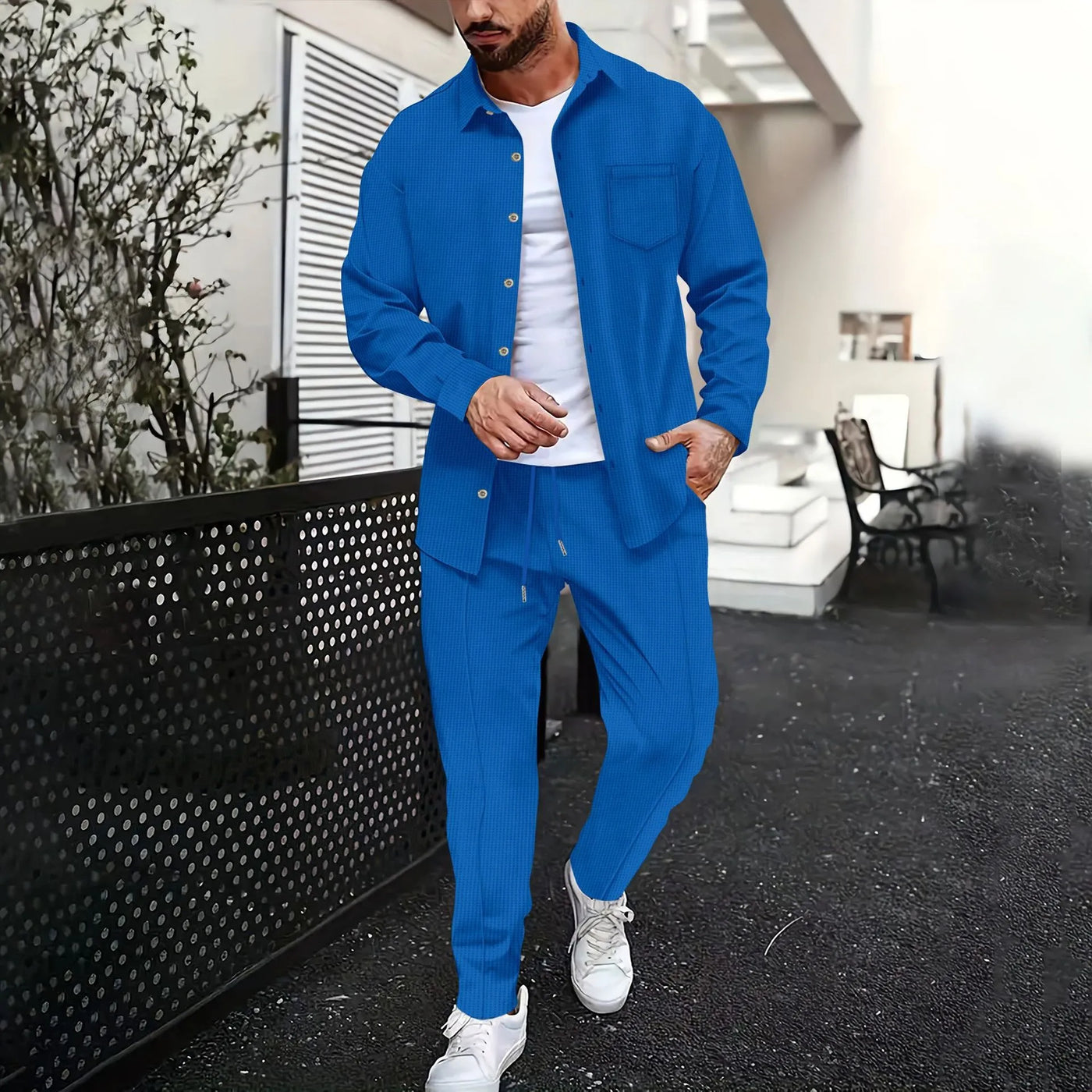 2025 Spring and autumn new men's daily casual waffle cardigan long-sleeved shirt two pants suit