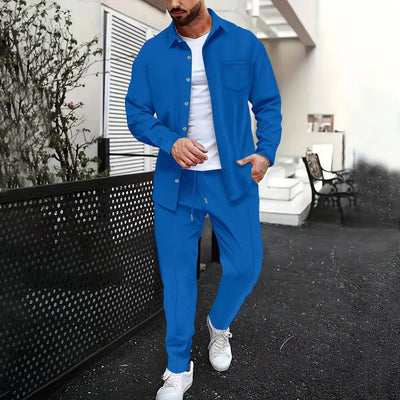 2025 Spring and autumn new men's daily casual waffle cardigan long-sleeved shirt two pants suit