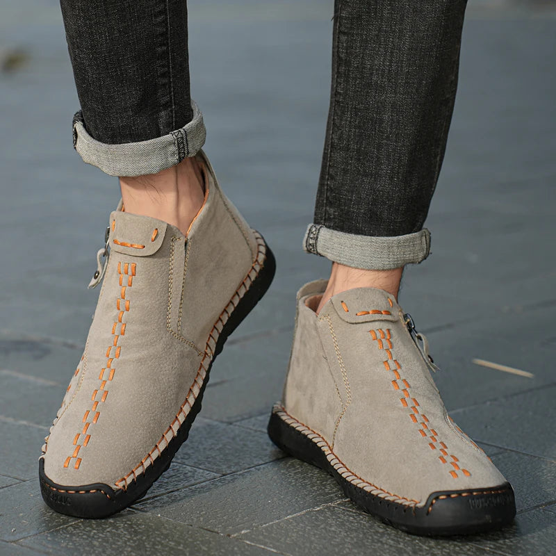 Handmade Leather Casual Shoes For Men Sneakers Men Flat Footwear Zipper Leather Boots Men Ankle Plus Size 39-48