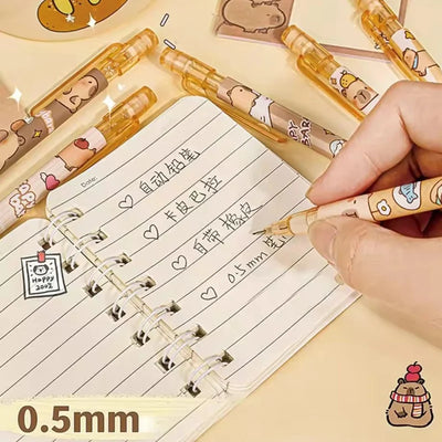 6Pcs/Set Cute Mechanical Pencils 0.5mm 2B Capybara Cartoon Auto Pencil with Eraser for Kids Students School Writing Supplies